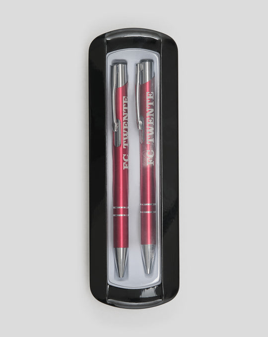 Two red FC Twente pens with silver tips in a black plastic pen case
