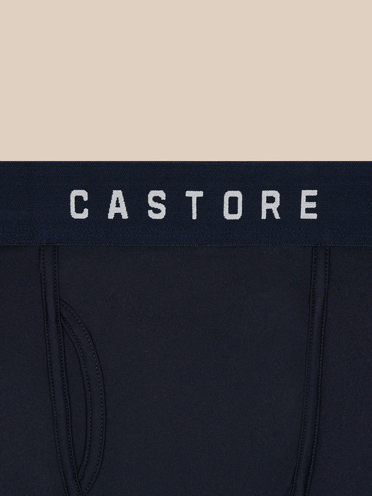 Close-up of navy boxer briefs with a Castore branded waistband.