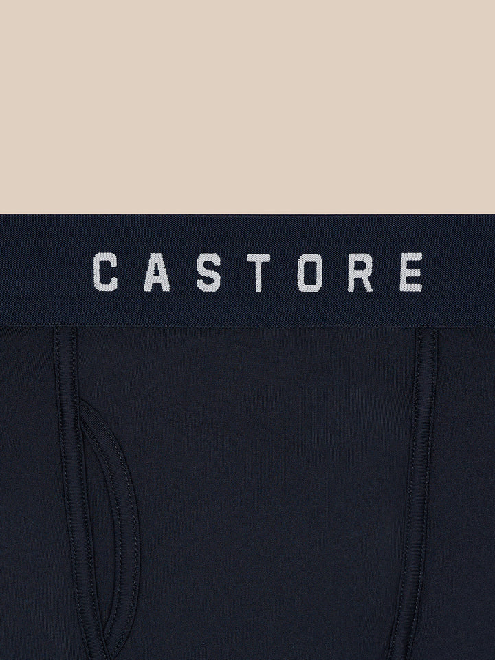 Close-up of navy boxer briefs with a Castore branded waistband.