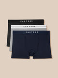 Three-pack Castore boxer briefs in black grey and navy with branded waistbands.