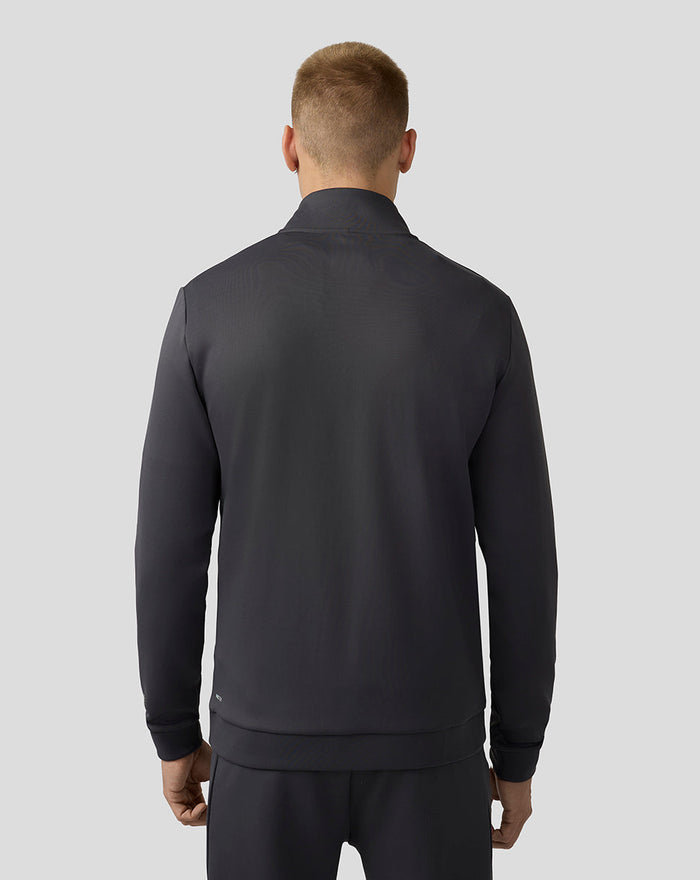 Back view of men's charcoal Scuba top with quarter zip and slim silhouette.