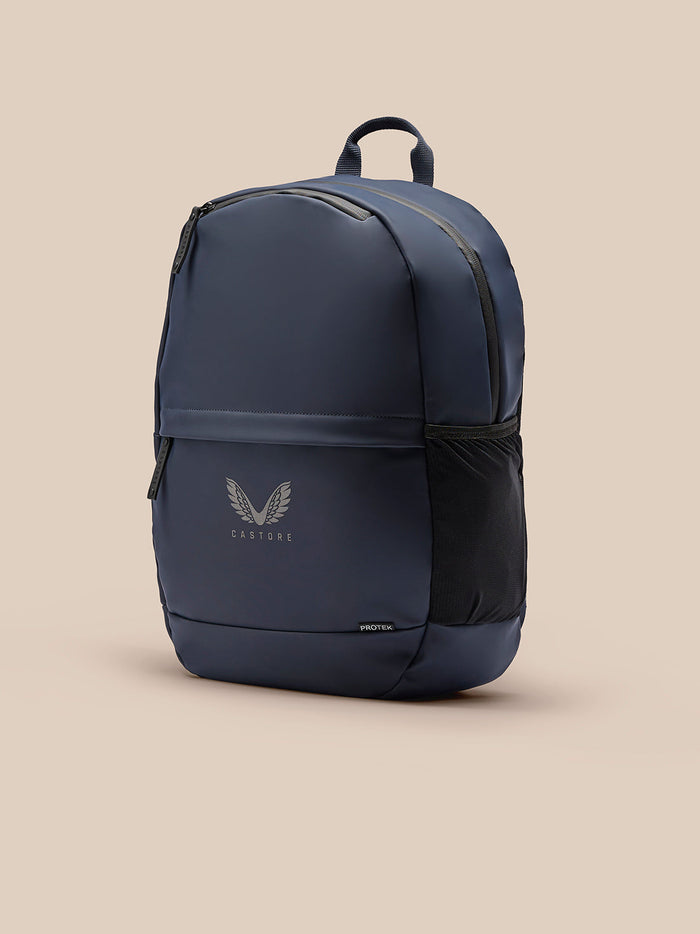 Navy Castore Active Backpack front view with logo and side mesh pocket