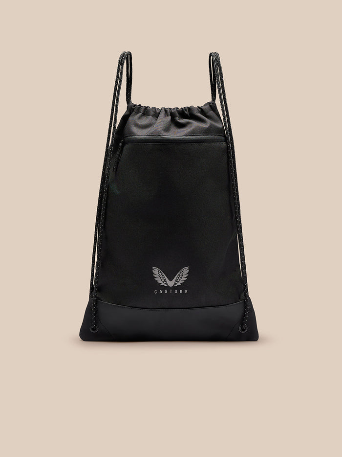 Black Castore gym bag with drawstrings and open top entry