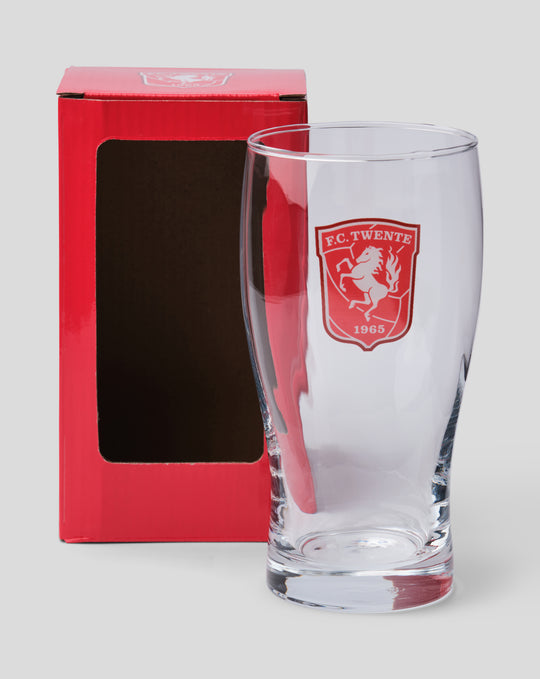FC Twente beer glass with crest beside the red packaging box