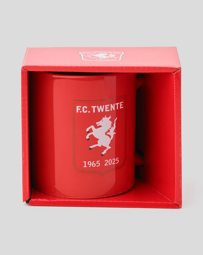 Red FC Twente jubileum mug inside its red gift box with crest visible.