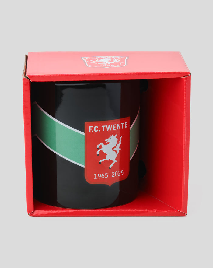 Red box packaging holding an FC Twente black mug with crest on the front.