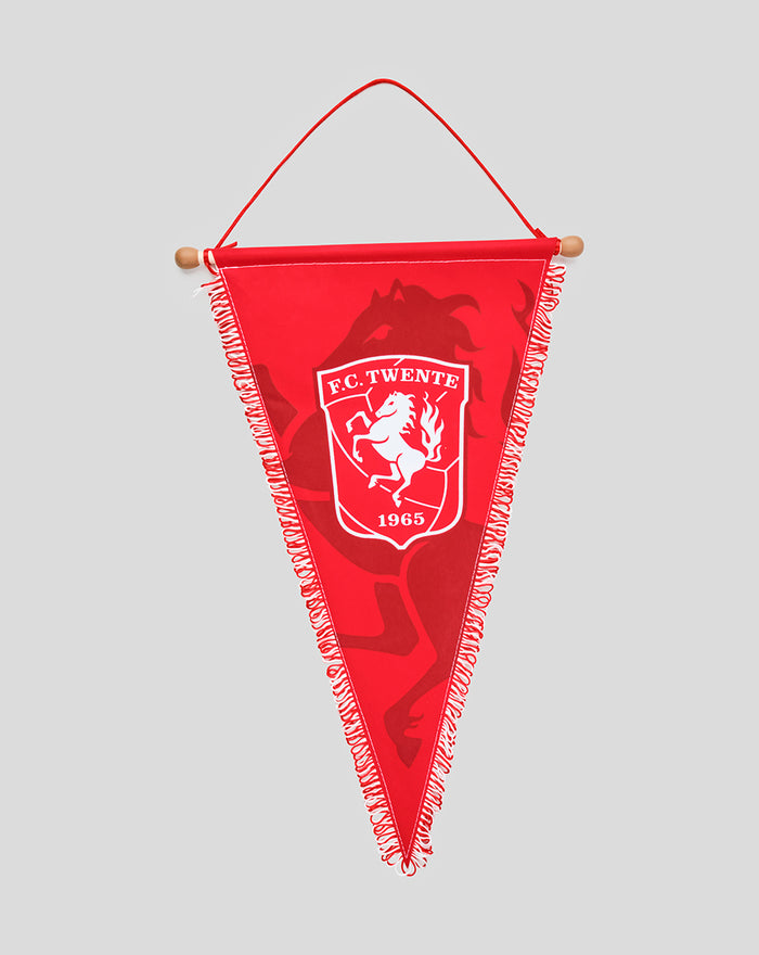 Red FC Twente pennant banner with crest and 1965 year, hanging from a wooden rod.