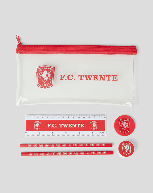 FC Twente essential writing set arranged with a white zip pouch red zipper ruler pencils and round badges.