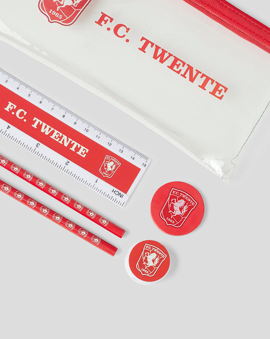 Close up of the FC Twente ruler and pencils inside the clear pouch with the team badge.