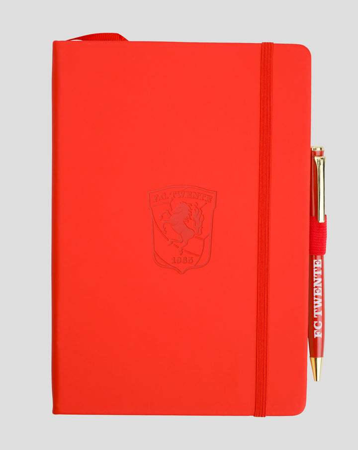 Red FC Twente A5 notebook with crest, attached pen and elastic strap
