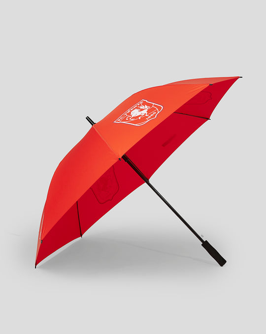 Open FC Twente golf umbrella in orange and red panels with crest on canopy and black shaft