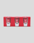 Set of three clear shot glasses with an FC Twente crest in red packaging.