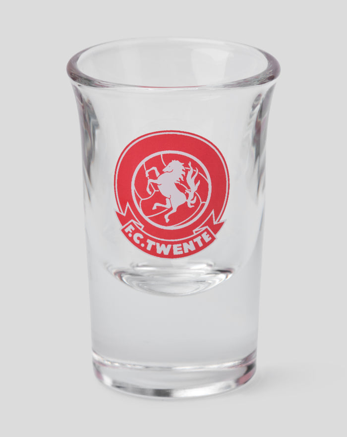 Clear shot glass with FC Twente red crest logo