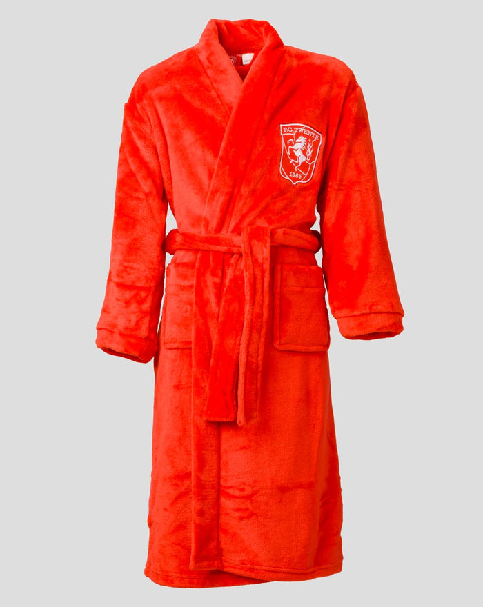 Adult red FC Twente bathrobe with hood belt and crest on chest