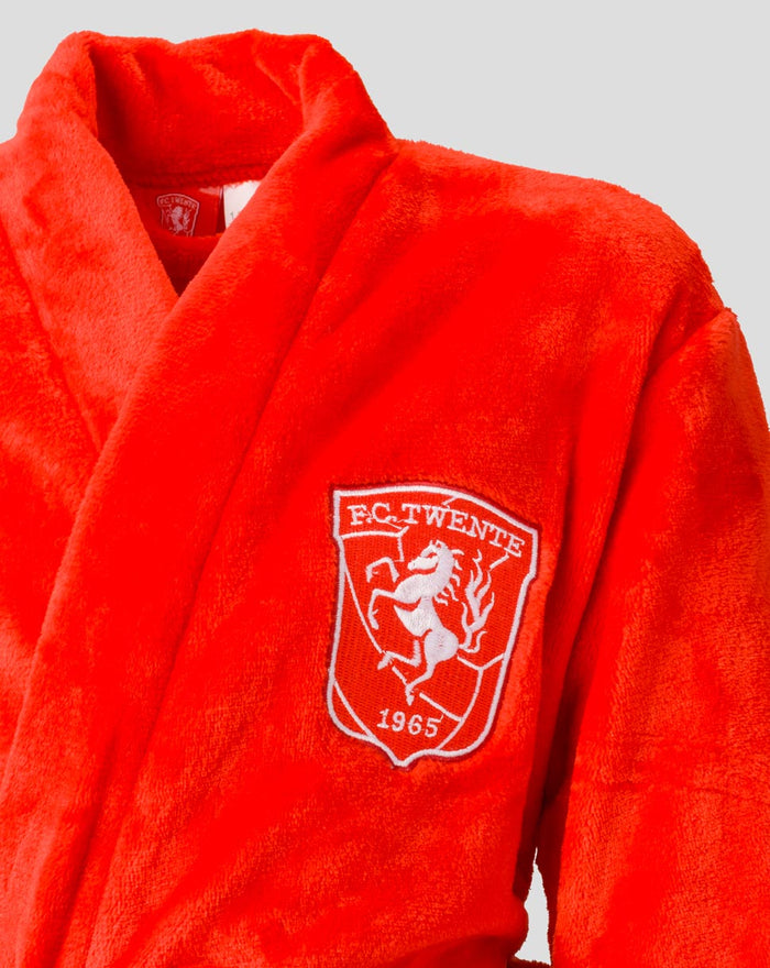 Bright red FC Twente bathrobe for adults with white crest patch on chest