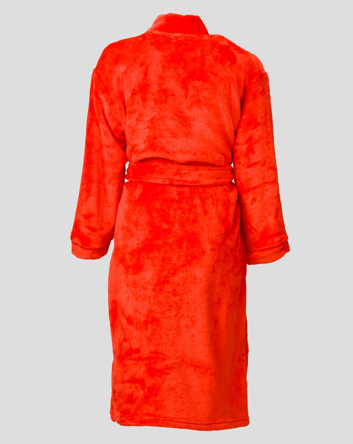 Back view of red FC Twente bathrobe with belt tied at the waist