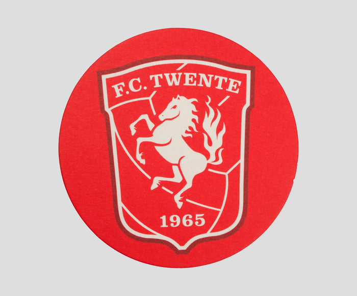 Red circular beer mat showing FC Twente crest and the year 1965