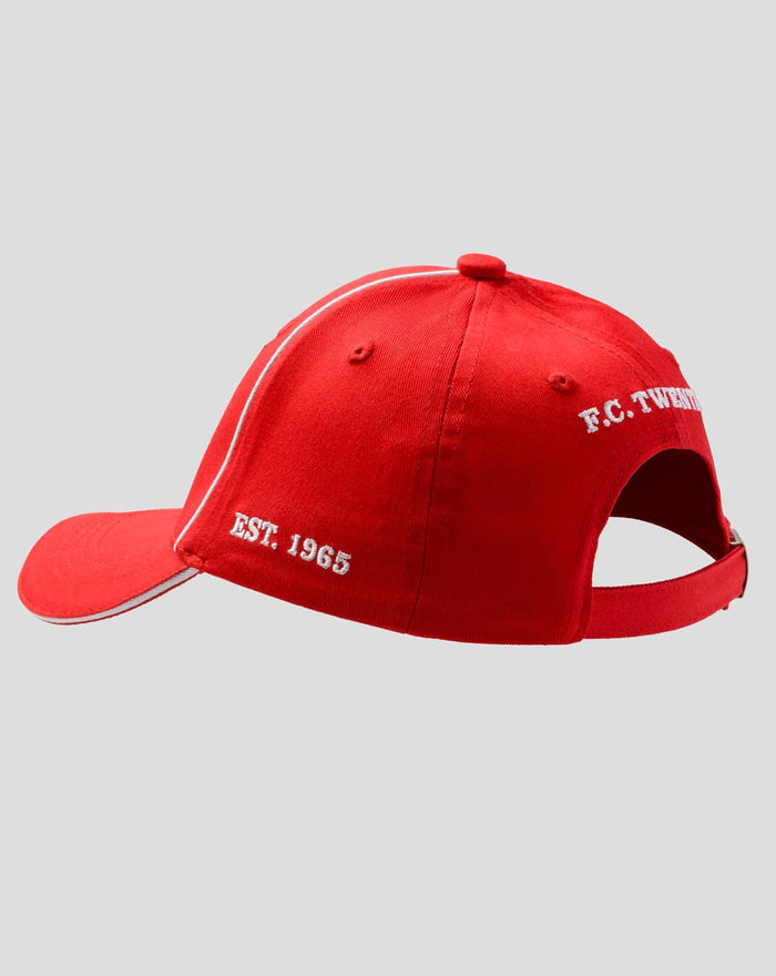 Red FC Twente junior cap with white piping and EST 1965 and FC Twente embroidered on the back