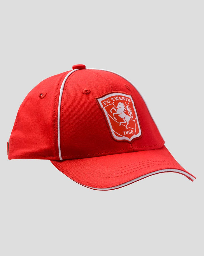 Red FC Twente junior cap with white horse crest on the front and white piping along the seams