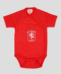 Front view of red FC Twente romper with crest patch on chest