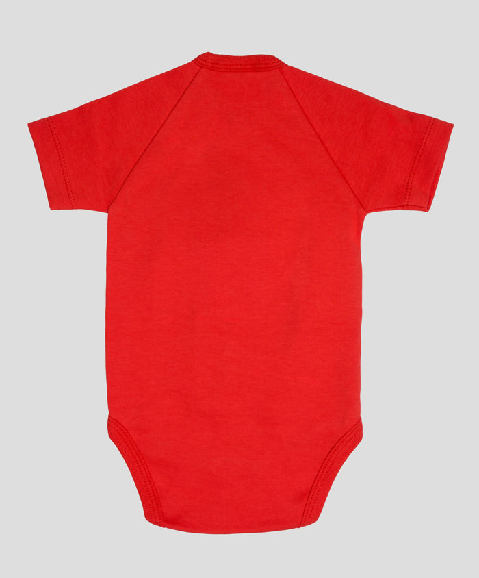 Back view of red FC Twente romper with wrap neckline and bottom snap closures