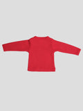 Back view of a red baby T-shirt with long sleeves.