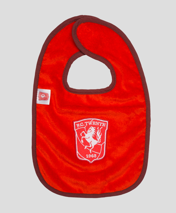 Red baby bib with FC Twente crest embroidery and burgundy edging