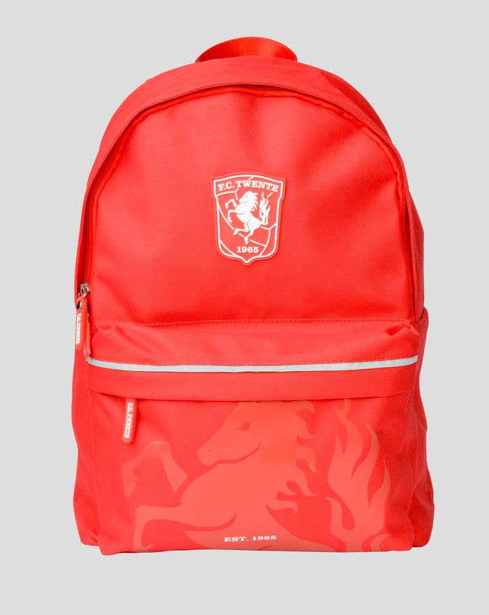 Red FC Twente backpack with crest on front and flame pattern