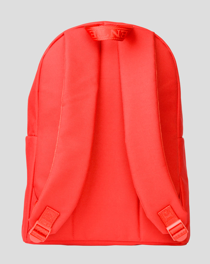 Close up of red FC Twente backpack back panel with padded shoulder straps.