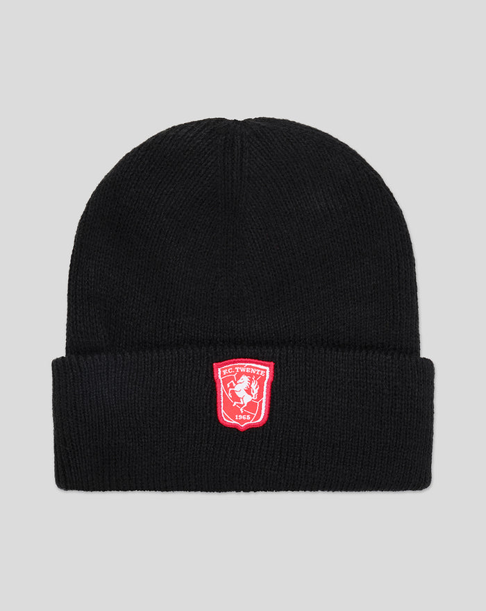 Black knit beanie with folded cuff and red FC Twente crest patch