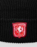 Black knit beanie with red FC Twente junior crest patch showing a white horse