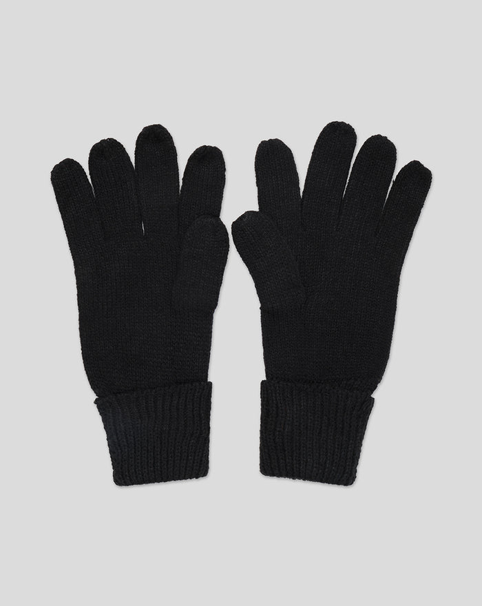 Front view of two black FC Twente junior gloves with red crest patches on the cuffs