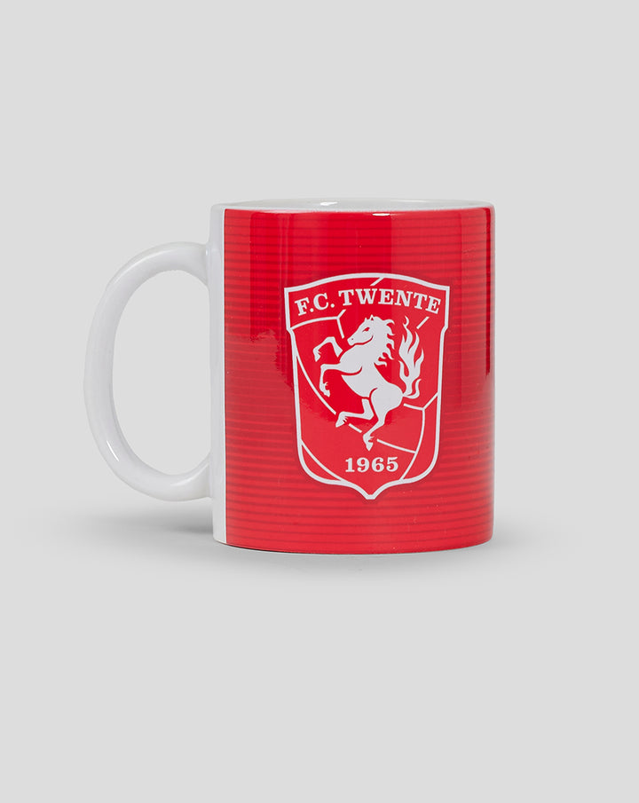 Side view of FC Twente mug with red wrap and white handle
