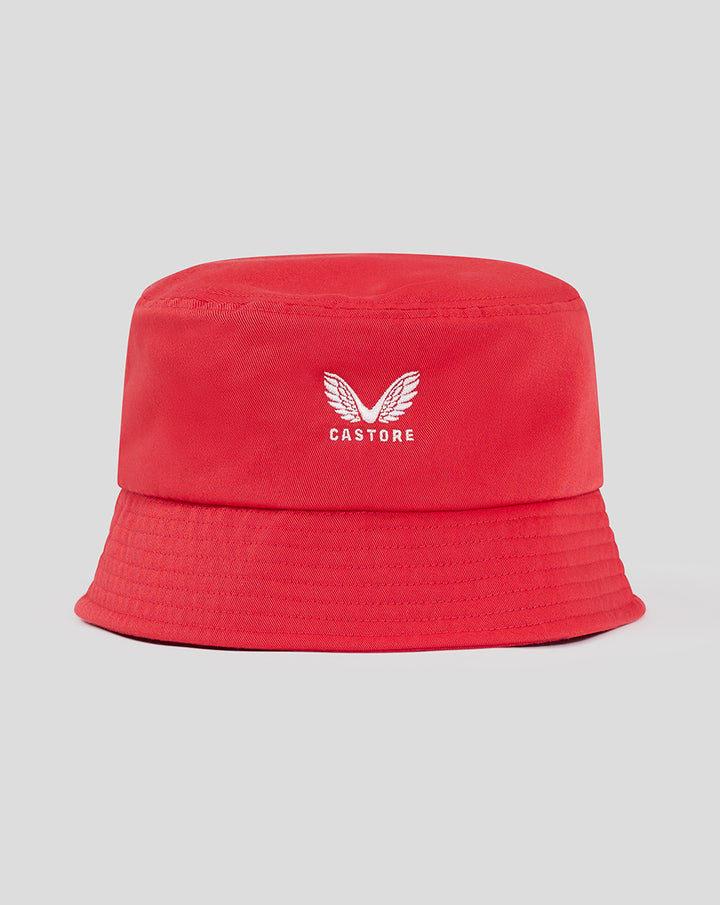 Red FC Twente bucket hat with white Castore logo on front