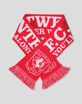 Close up of red FC Twente scarf with white graphics and fringed ends