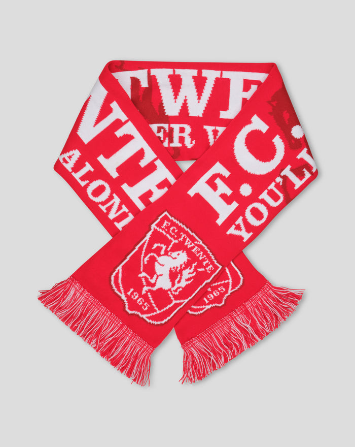 Close up of red FC Twente scarf with white graphics and fringed ends