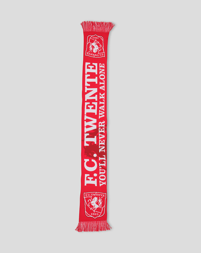 Red FC Twente scarf with white YOU'LL NEVER WALK ALONE lettering and crest at the ends