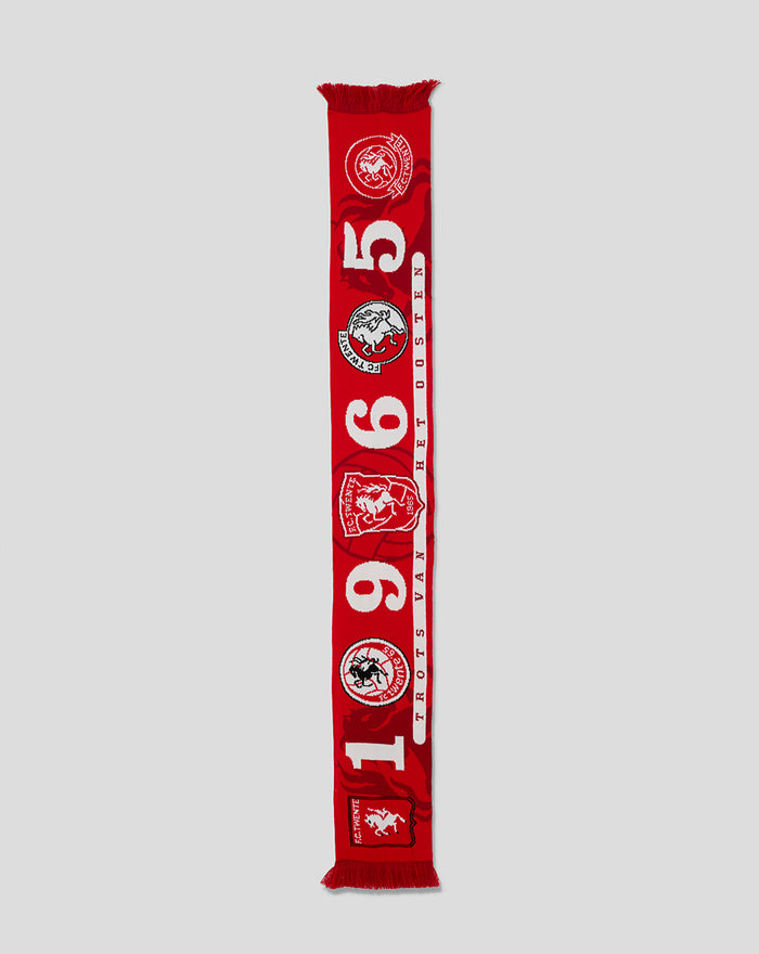 Red FC Twente scarf with white team crests and bold white numerals along its length