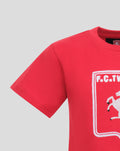 Close-up of red FC Twente Heritage T-shirt showing neckline and partial embroidered chest logo