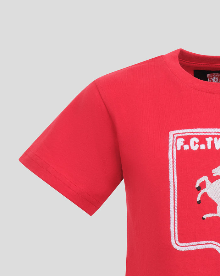 Close-up of red FC Twente Heritage T-shirt showing neckline and partial embroidered chest logo