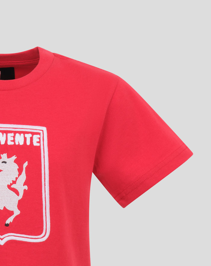 Front view of red FC Twente Heritage T-shirt featuring a large white graphic and crest on the chest