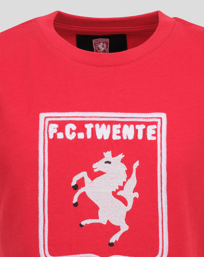Close up of red FC Twente Heritage Junior T-shirt neckline with an embroidered club crest on the chest.