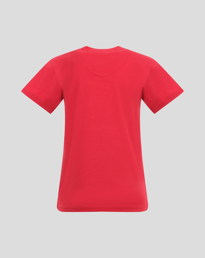 Back view of red FC Twente Heritage T-shirt showing curved stitching across the upper back