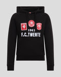 Front view of black FC Twente Copa Heritage hoodie with three chest patches and 1965 founding year