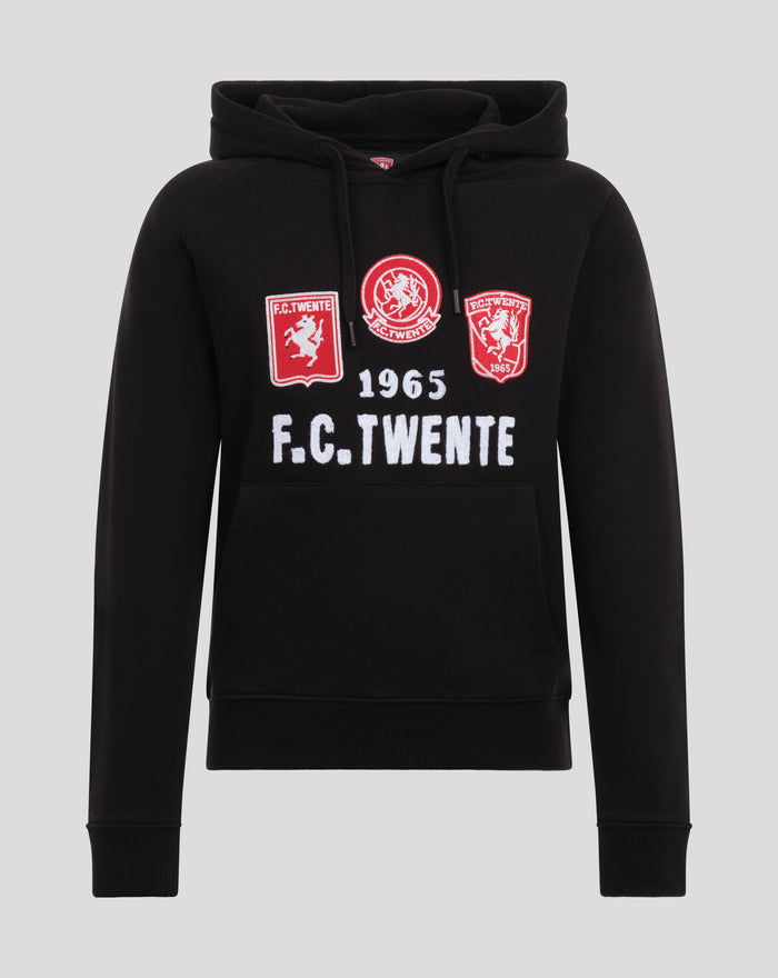 Front view of black FC Twente Copa Heritage hoodie with three chest patches and 1965 founding year