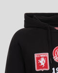 Close-up of a black FC Twente Copa Heritage Hoodie hood with drawstrings and a crest patch visible