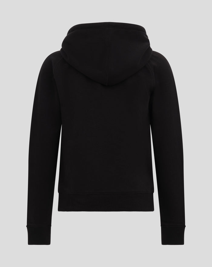 Front view of black FC Twente Heritage Hoodie for adults with bold white FC TWENTE lettering across the chest and crest patches
