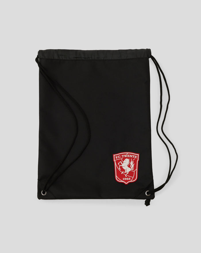 Black FC Twente gym bag with crest patch and drawstring cords