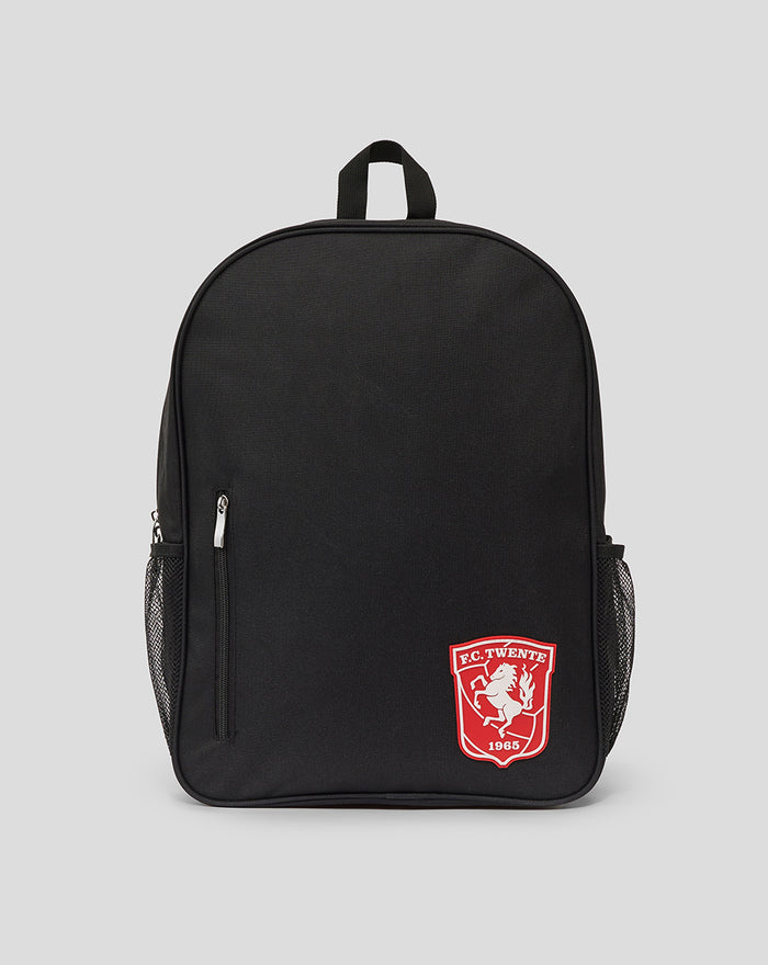 Black FC Twente backpack with red crest patch on front lower panel
