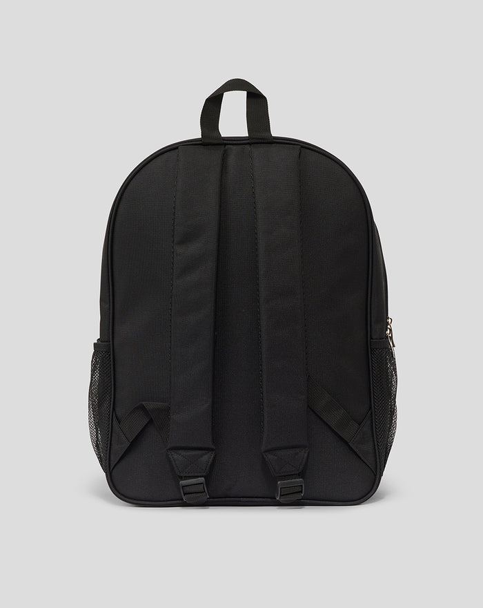 Back view of black FC Twente logo backpack with padded shoulder straps